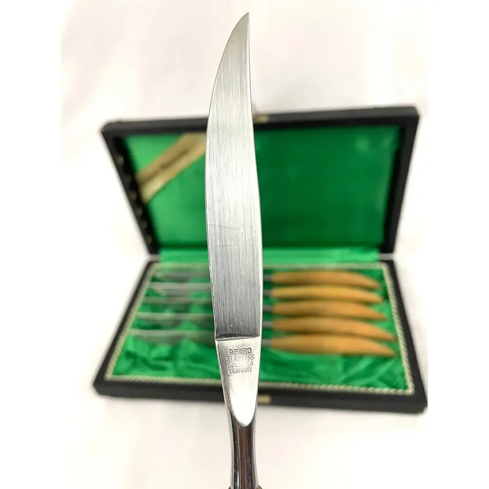 VTG Set of 6‎ Peaso Solingen Stainless Steel Steak Knives Wooden Handles